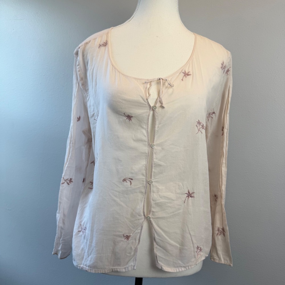 Abercrombie Lrg Embroidered Cotton Sheer Button Front Blouse Pink Boho  Romantic